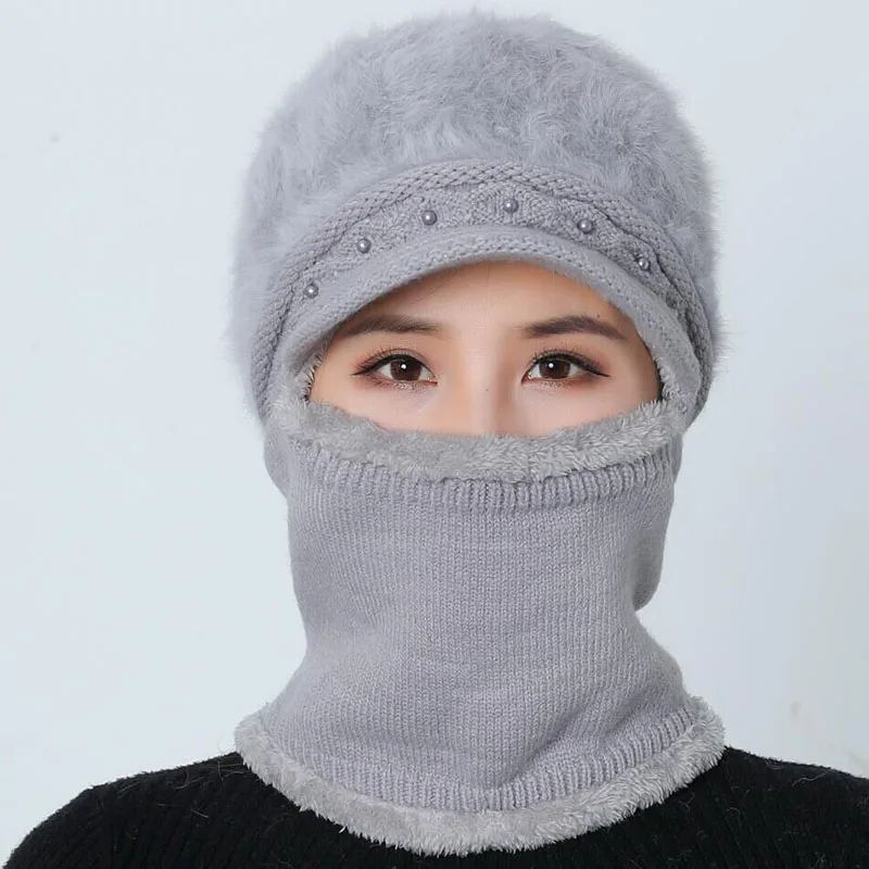 Высококачественные зимние шапки для женщин Skullies Beanie cap шляпки из шерсти набор теплая маска Gorras шапка из кроличьего меха Вязаная Шапка