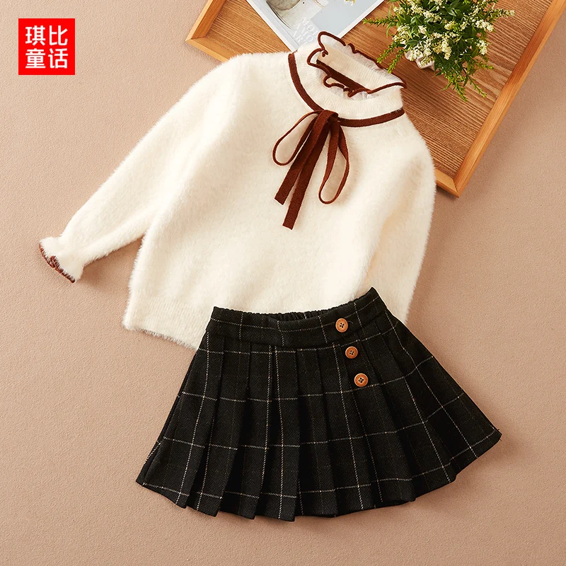 

Girls Suit Skirt New Autumn and Winter Children's Sweater Thick Winter Sweater Short Skirt Two-piece Suit