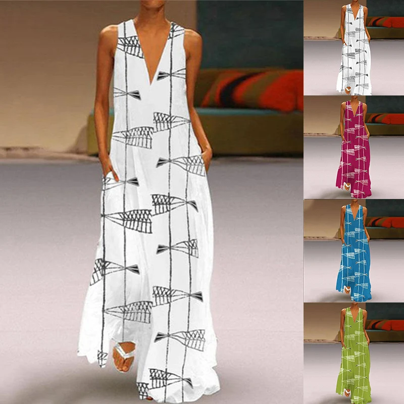 

Digital Printing Sleeveless Gown Maxi Dress Deep V-neck Party Evening Dress -OPK