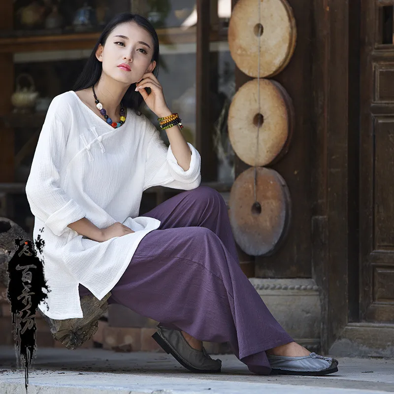 Женская рубашка из хлопка и льна с V-образным вырезом длинным рукавом | одежда