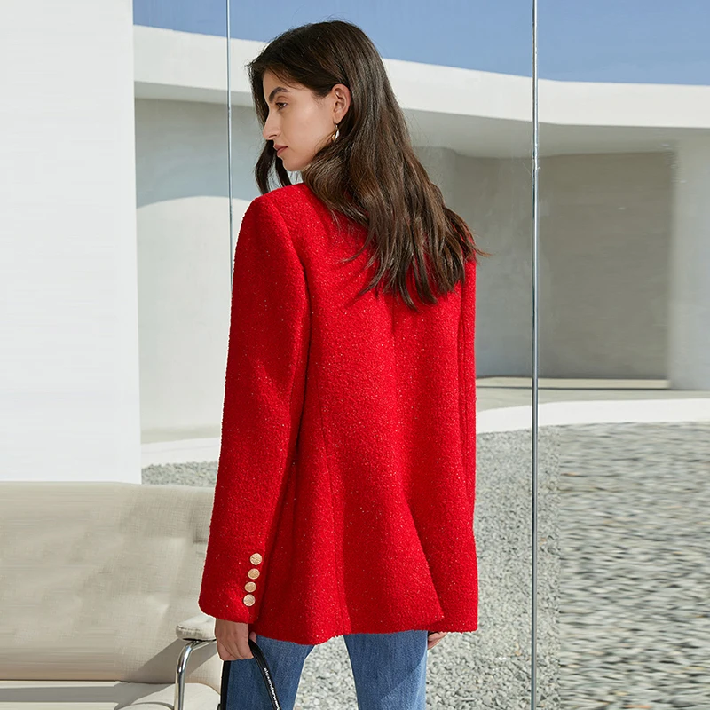

Red Women Pockets Woolen Blazer New Notched Collar Long Sleeve Loose Fit Jacket Fashion Tide Autumn Winter 2021 1DD3314