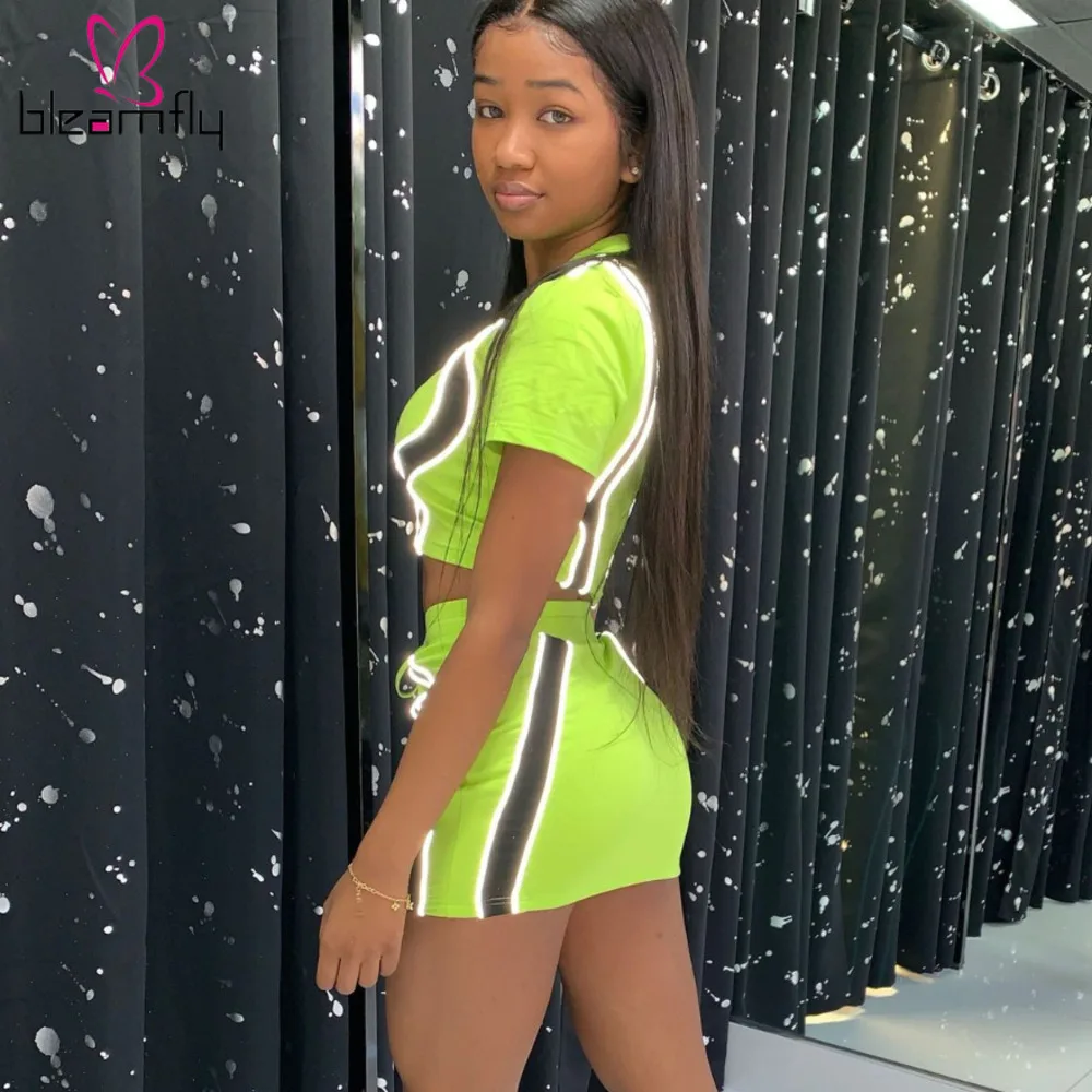 Новинка женский летний костюм светоотражающие полоски пэчворк футболка топ Мини