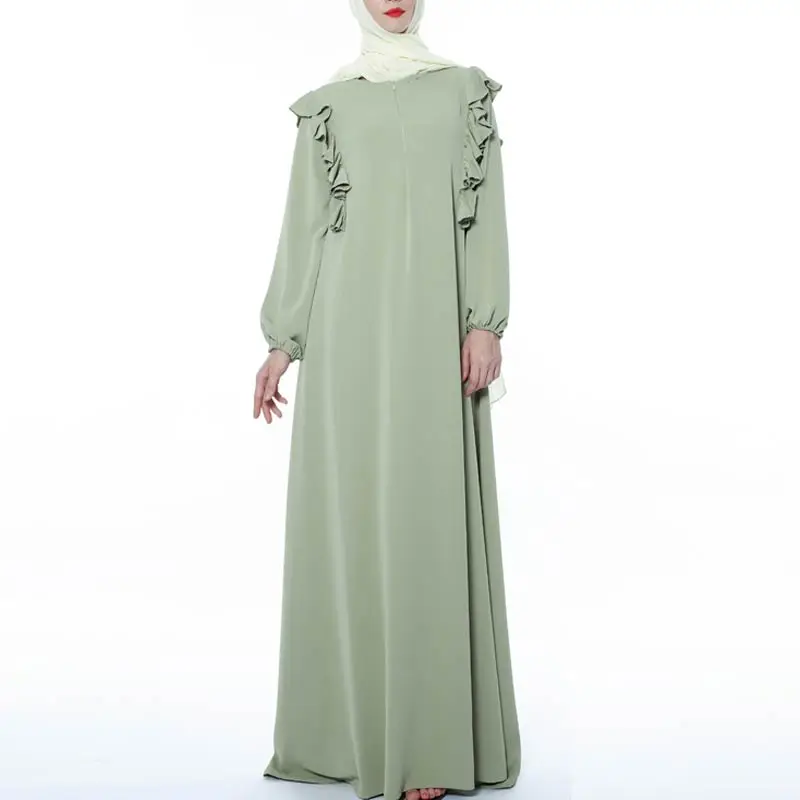 MISSJOY мусульманское женское платье на молнии Свободное abaya Дубай кимоно сплошной цвет кафтан турецкий Повседневный Ближний Восток элегантное женское платье с оборками Плать - Цвет: Green
