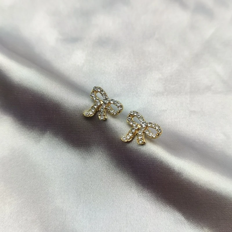

Sweet Luxury Bowknot Earring Stud Earrings Plated 14K Gold Zircon S925 Silver Needle Women Fashion Jewelry Wedding Accessories
