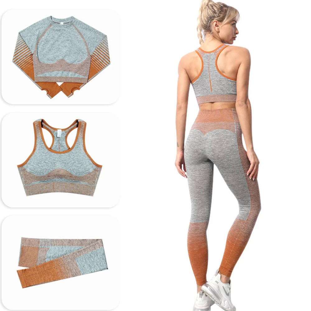 

3/ pcs Women's Sportswear Fitness Sportswear Workout Energy Leggings Running Seamless Fitness Bra Crop Top Long Sleeve Yoga Suit