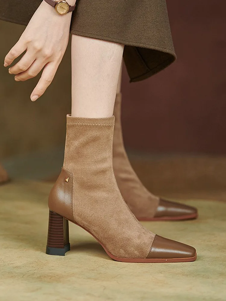 

2022 коричневые короткие ботинки, ботинки с квадратным носком телесного цвета, осенне-зимние ботинки-носки, высокие ботинки на толстом каблук...