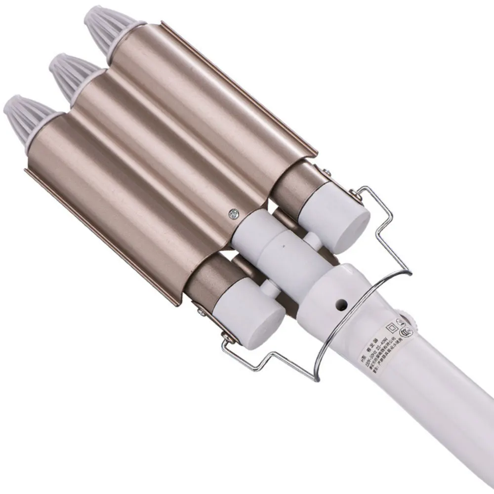 

Large Three-Stick Curler Egg Roll Head 3 Tube Ceramic Curling Iron Salon Home Use with Plug (Golden 25mm)