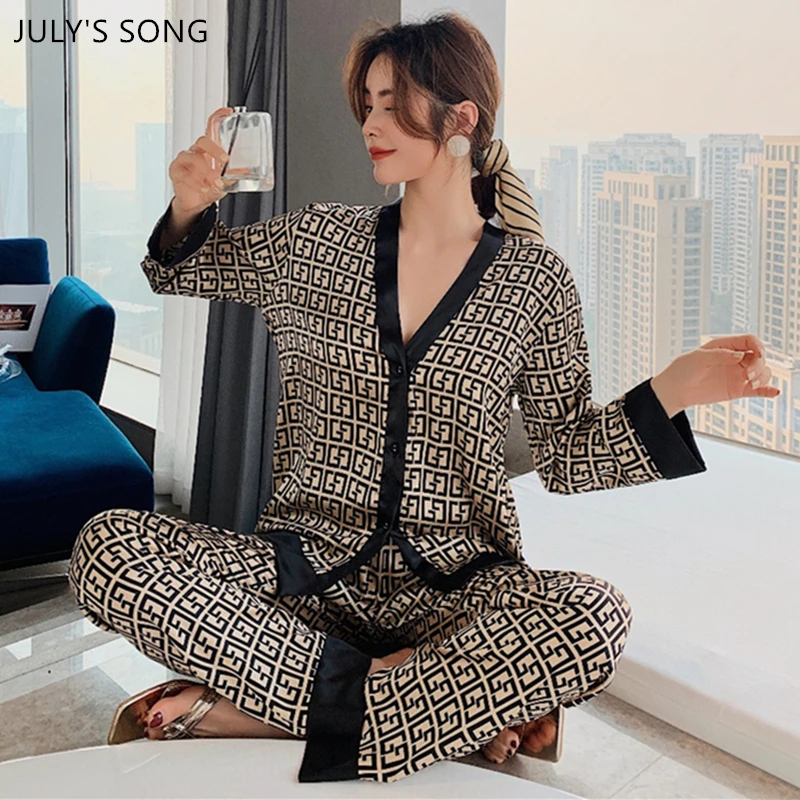 

JULY'S SONG Women Pajamas Set Stain Spring Autumn Sleepwear Retro Luxury Ice Silk 2 Pieces Letter Printing Long-sleeved Homewear