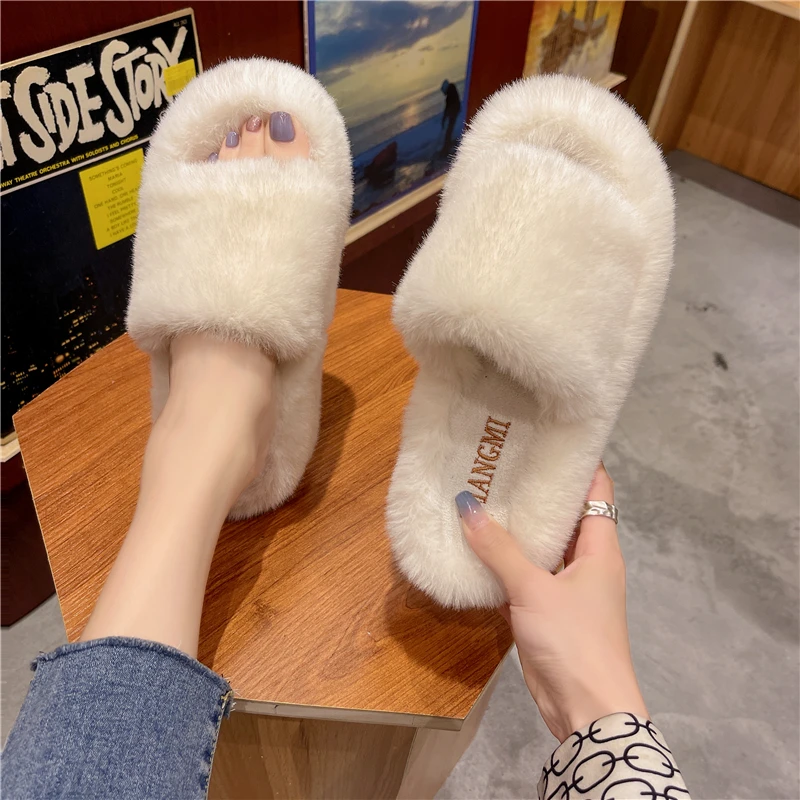 2021 Autumn Winter Furry Fur Slides Plush Slippers Chain Fluffy Faux Fur Thick Soles Slippers Slip On Flats Women Fashion Shoes