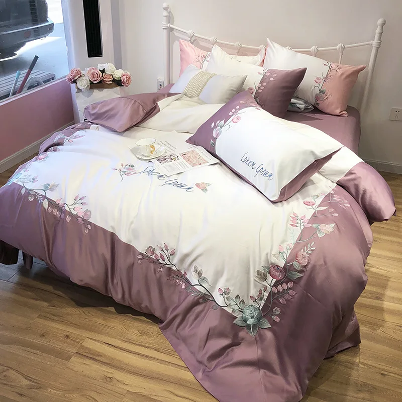

AB version Luxury silky touch cotton Bedding Set Embroidery Princess Pink Blue Queen King Size Bed set Duvet Cover Bed Sheet