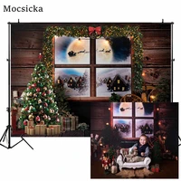 mocsicka wood backdrop christmas tree window winter snow moon photography background baby child portrait photocall props studio