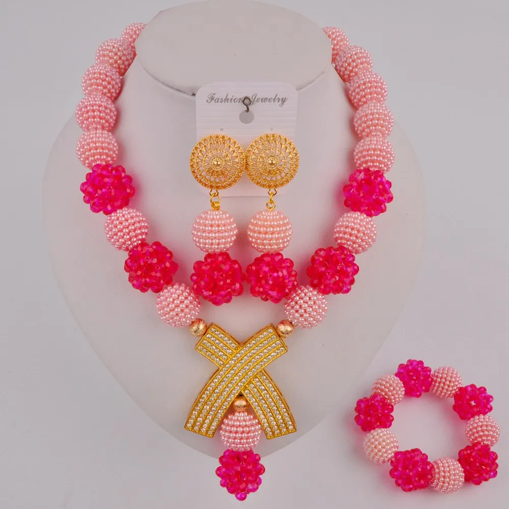 

Pink and Fuchsia Pink Costume Necklace African Jewelry Set Women Nigerian Beads SP-2-19