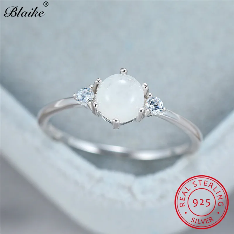 S925 стерлингового серебра кольцо с круглым белым циферблатом и лунный камень