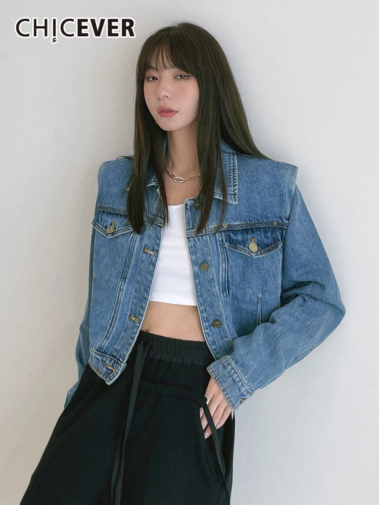 

CHICEVER Minimalist Loose Fold Pleated Denim Coat For Women Lapel Long Sleeve Korean Fashion Blue Casual Jackets Female 2021 New