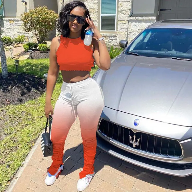 

Sexy Gradient Plus Size Two Piece Set Women Summer Clothes Crop Top and Stacked Leggings Pant Club Outfits Matching Sets 2020