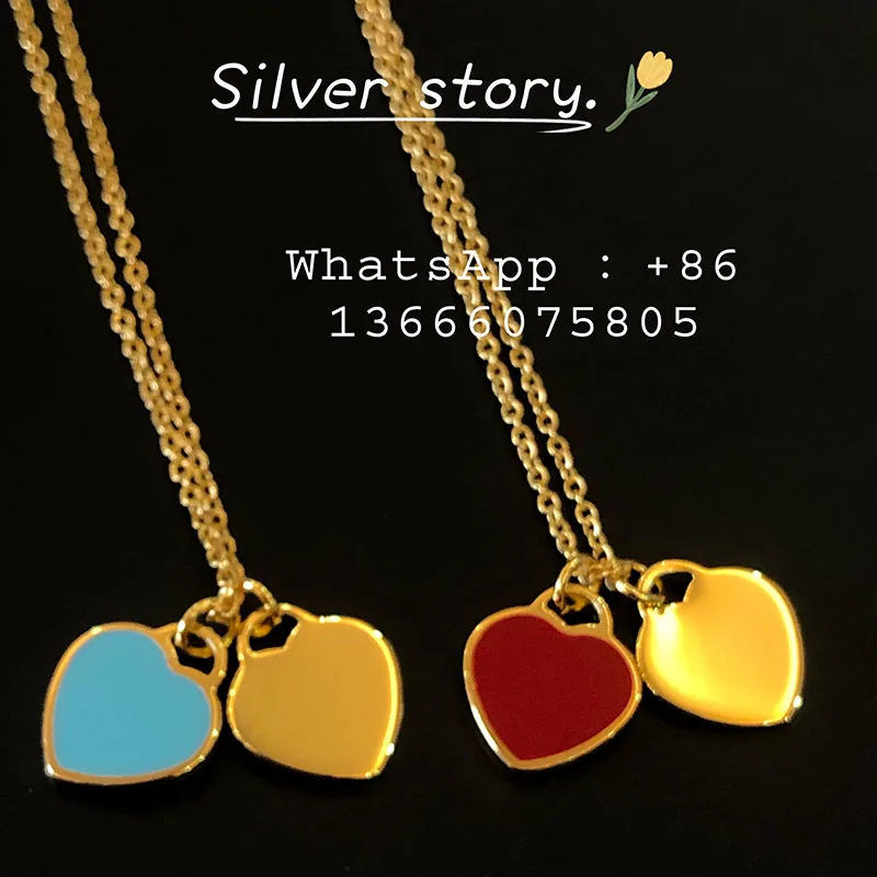 

Classic S925 pure silver necklace contracted double heart-shaped tags enamel red blue chain clavicle love valentine's birthday