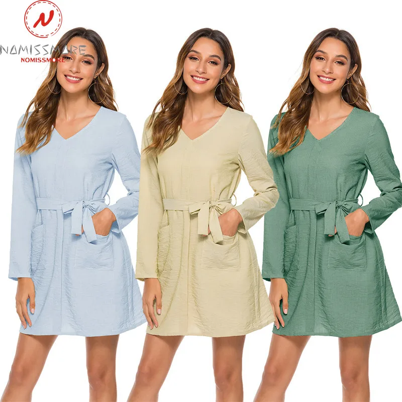 

Women Solid Color A-Line Dress Patchwork Design Pockets Bandage Zipper Decor V-Neck Long Sleeve Mid Waist Slim Mini Dress