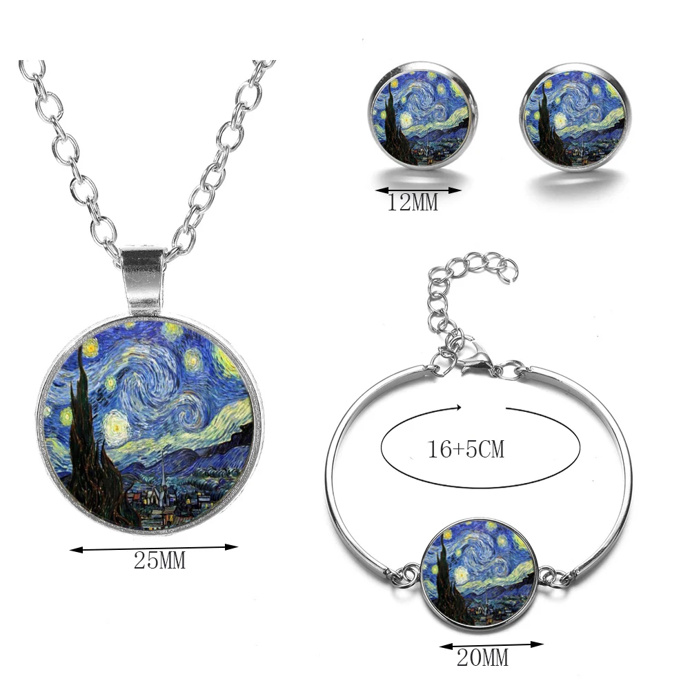 Classic Van Gogh The Starry Night Jewelry Sets Sunflower Art Photo Glass Pendant Necklace Earrings Bracelet Set For Women Gifts | Украшения