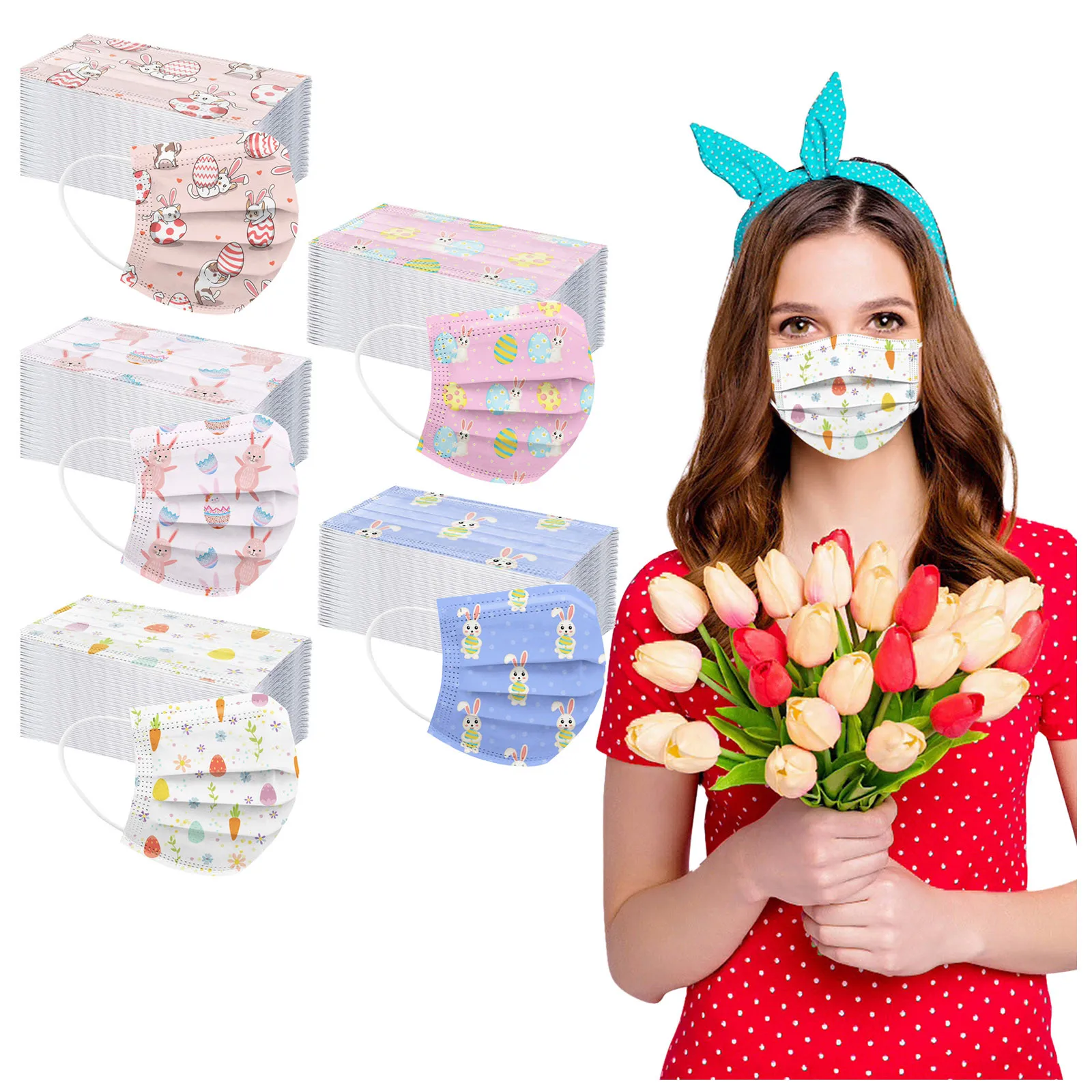 

50pcs Adult Easter Cotton Maskforface Printing Breathable Disposable Three-layer Mask mascarillas