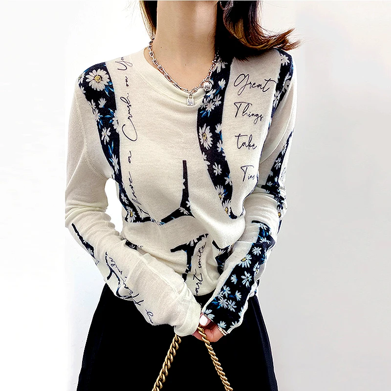 Korea Fashion Long Sleeve Top Women New Pattern Thin Knit Sweaters Spring Autumn 202 Women's Clothing Ladies T-Shirts SL258