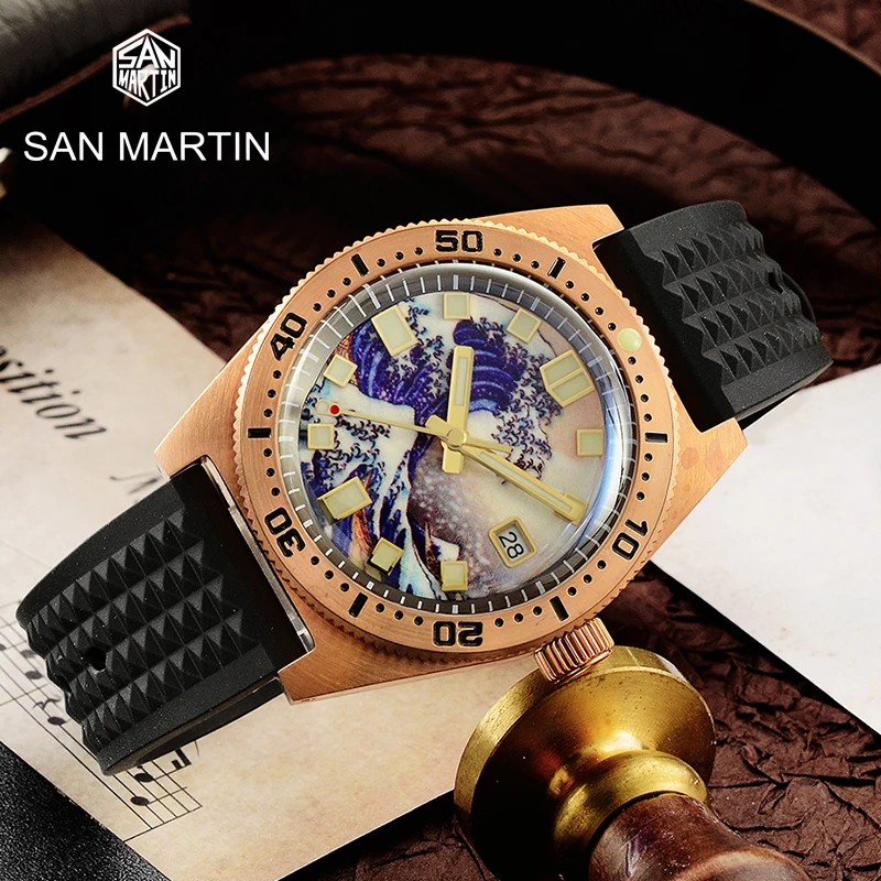 

San Martin 62Mas 20Bar Diver 3D Printing Full Luminous Surfing Dial Cusn8 Bronze NH35 Mens Automatic Mechanical Sapphire Watch