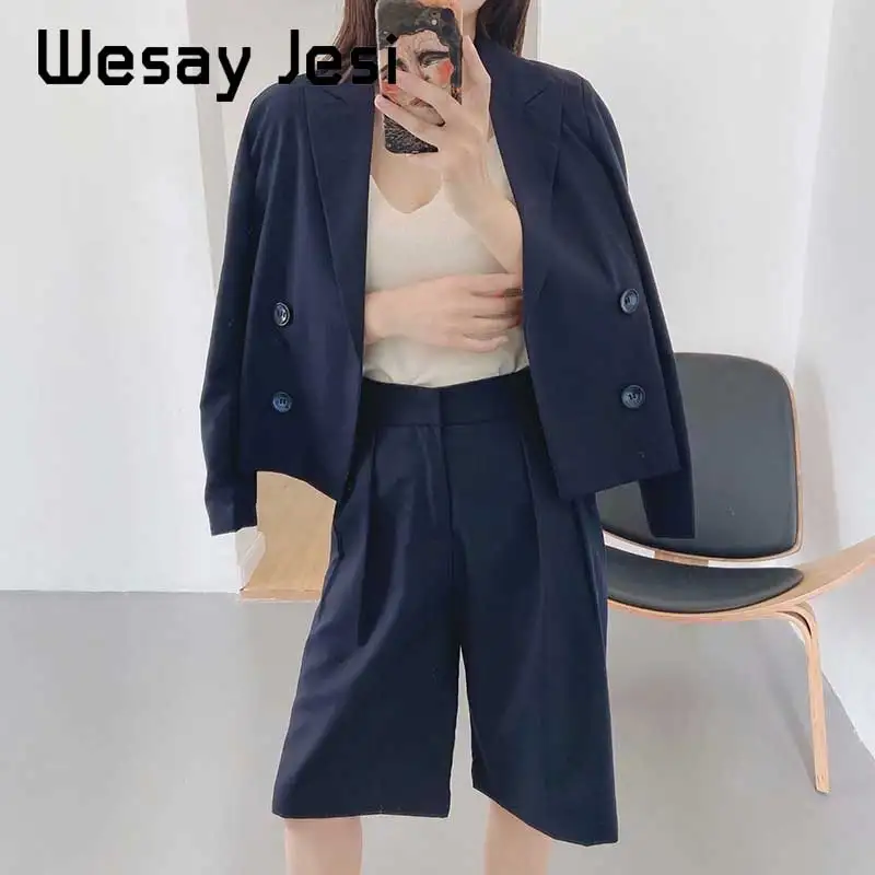 

2020 Autumn Women Suit Sets Office Lady Simple Solid Single-breasted Short Women blazers jackets and chic shorts two pieces sets