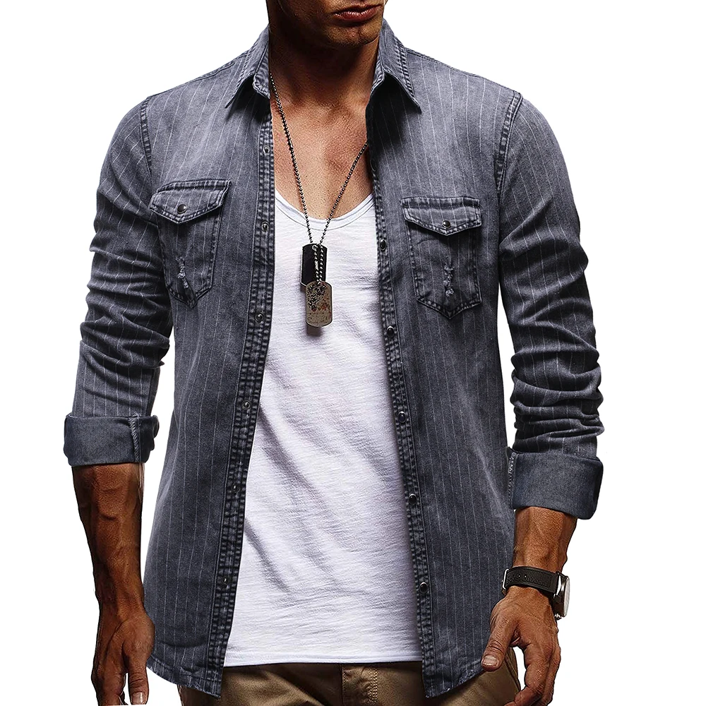 

Foreign trade men's fashion striped shirt denim long sleeve shirt outdoor tooling denim