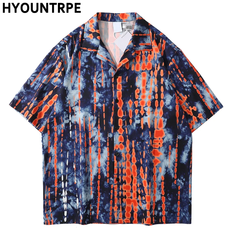 

Асимметричная Летняя Пляжная Повседневная Свободная рубашка Алоха в стиле High Street с принтом, с коротким рукавом, уличная одежда в стиле Хара...