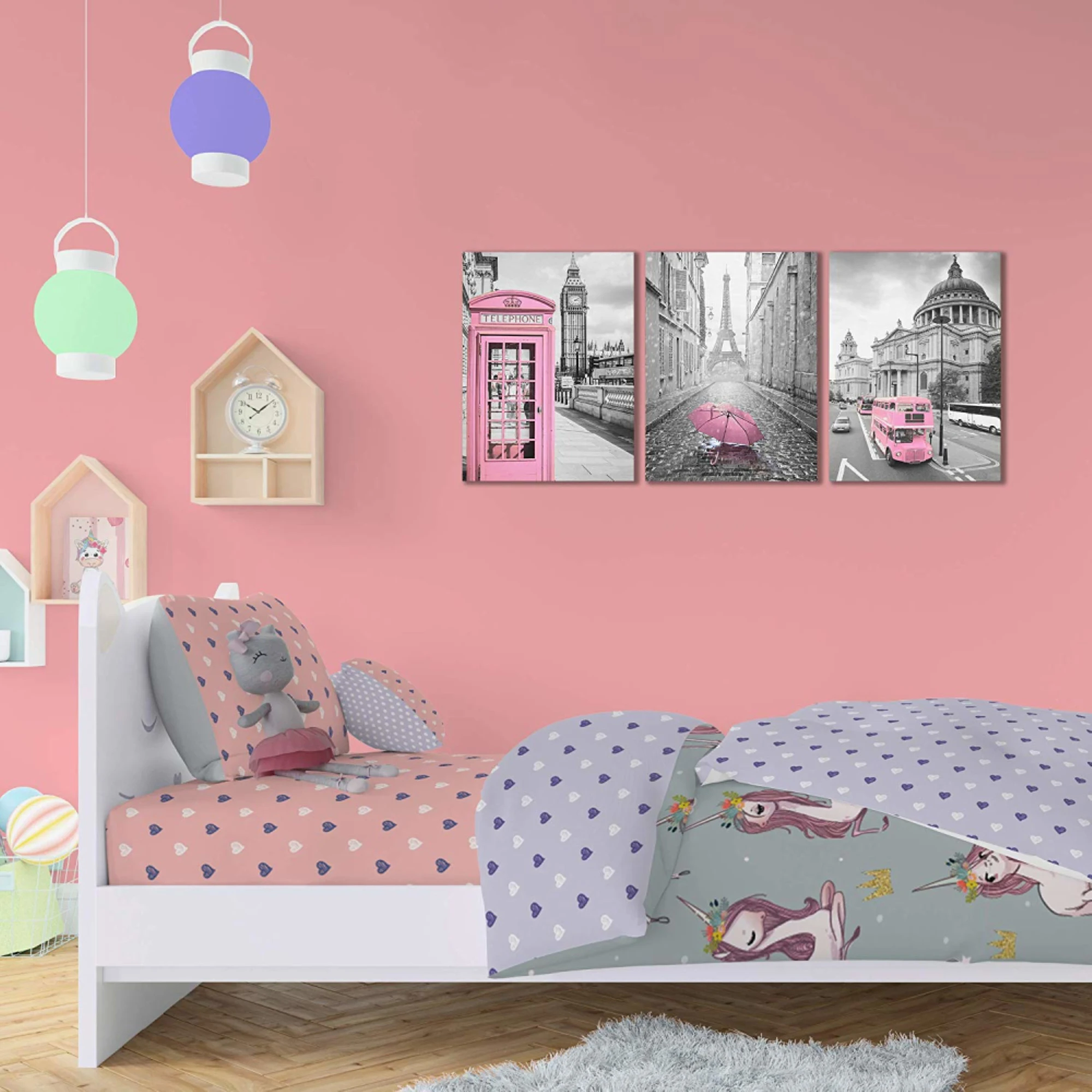 Framed Ready To Hang Paris Eiffel Tower London Big Ben and St Paul's Cathedral Canvas Wall Arts Black White Pink | Дом и сад