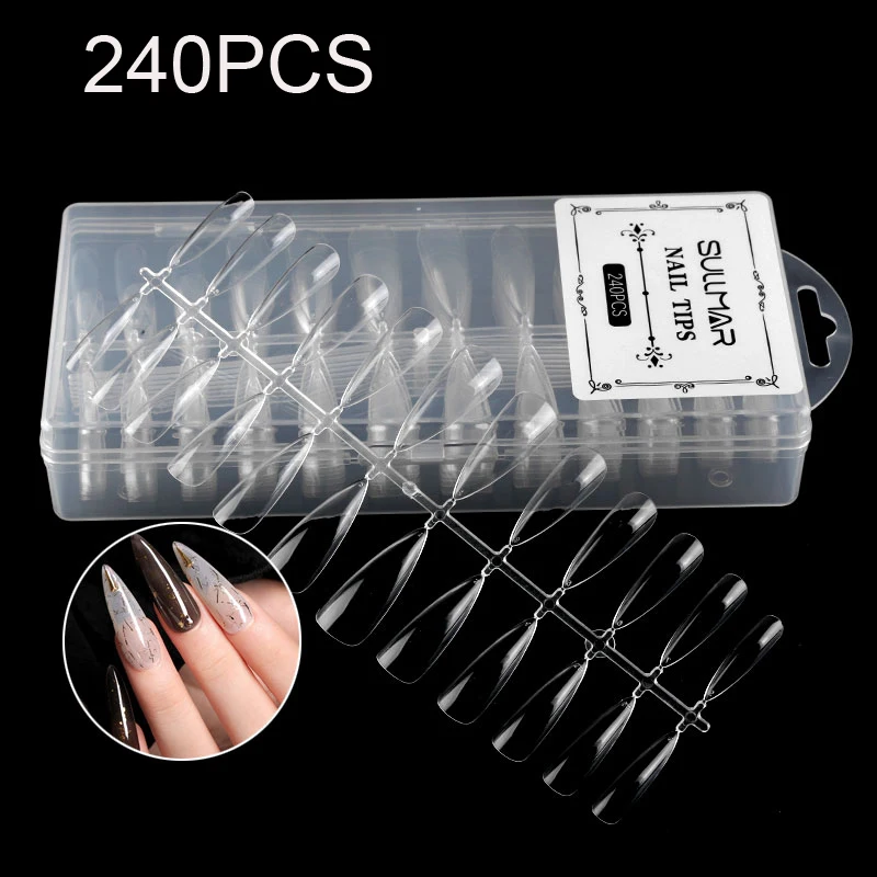 

240PCS/Box Acrylic False Nail (Stiletto/Coffin/Oval/Almond/Square) ABS Full Cover Nail Tips 12 Different Size Clear Flase Nails