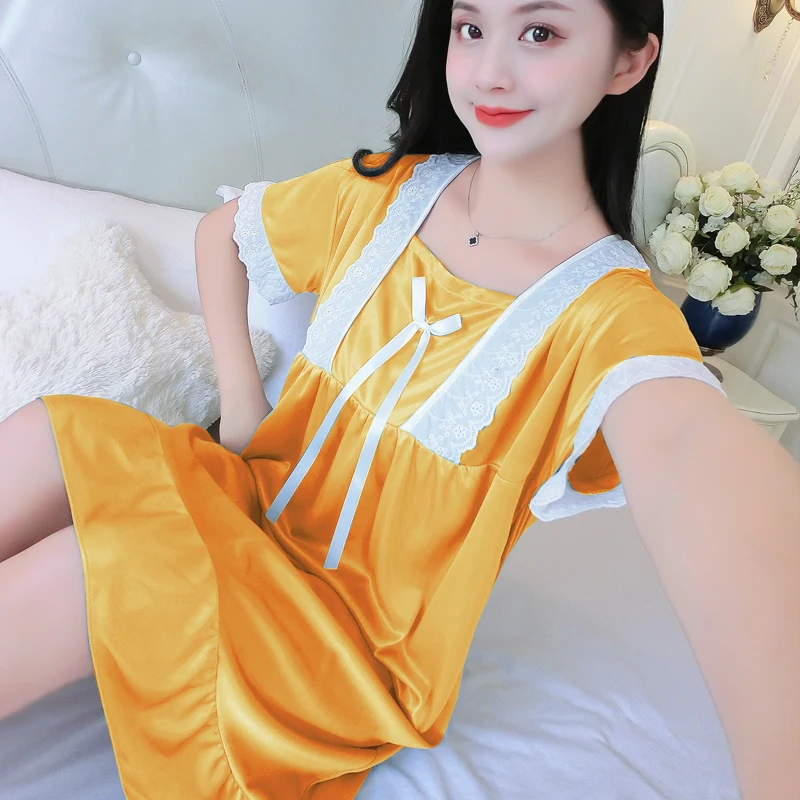 

Plus Size Yellow Women's Summer Lounge Robe Lady New Sexy Home Dress Rayon Nightgown Large Loose Sleepwear Bathrobe Gown