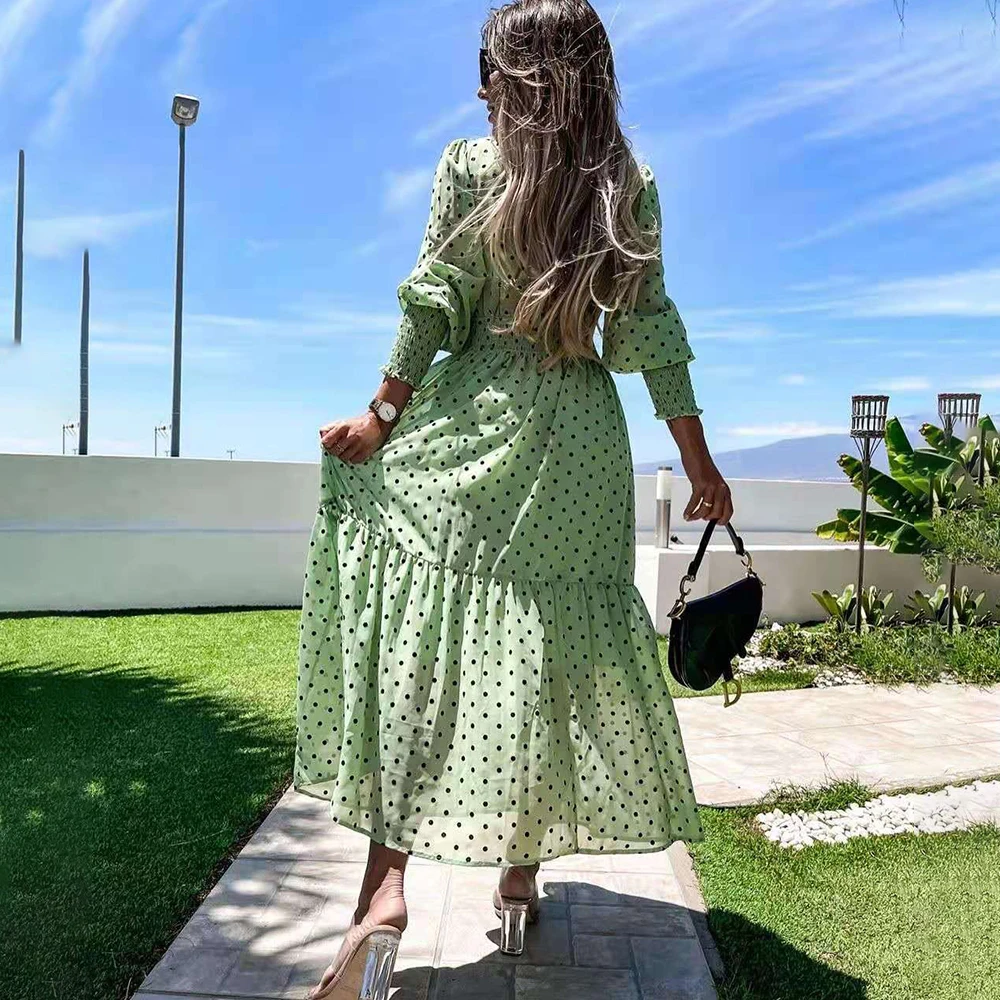 

Summer Women Dot Print Ruffled Long-sleeved Chiffon Dress V-neck High Waist Maxi Dresses 2021 Spring Ladies Elegant Long Dress