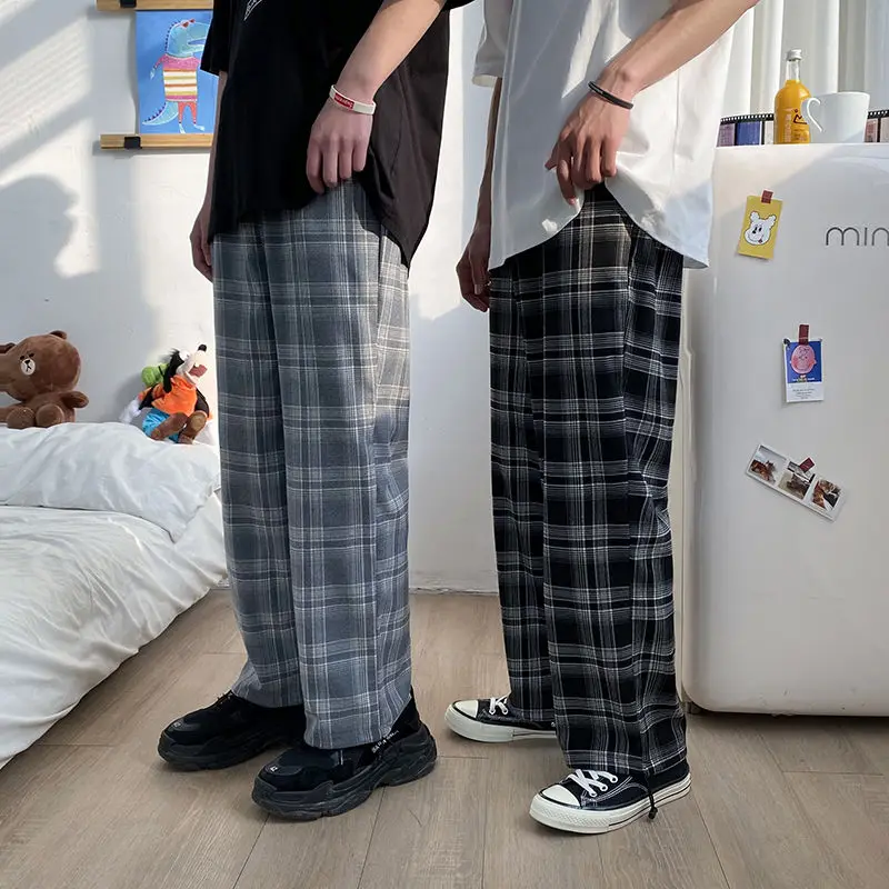 

Spring Cotton Plaid Pants Men's Fashion Retro Casual Wide-leg Pants Men Streetwear Korean Loose Hip-hop Straight Pants Mens