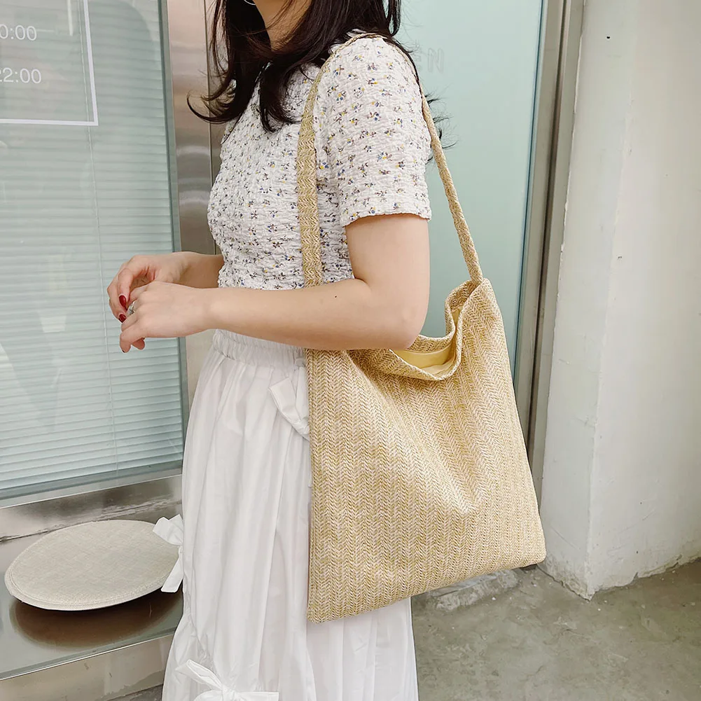 

Винтажная плетеная женская сумка для покупок, однотонный Повседневный плетеный саквояж на плечо, вместительный тоут для отдыха на пляже, 2021