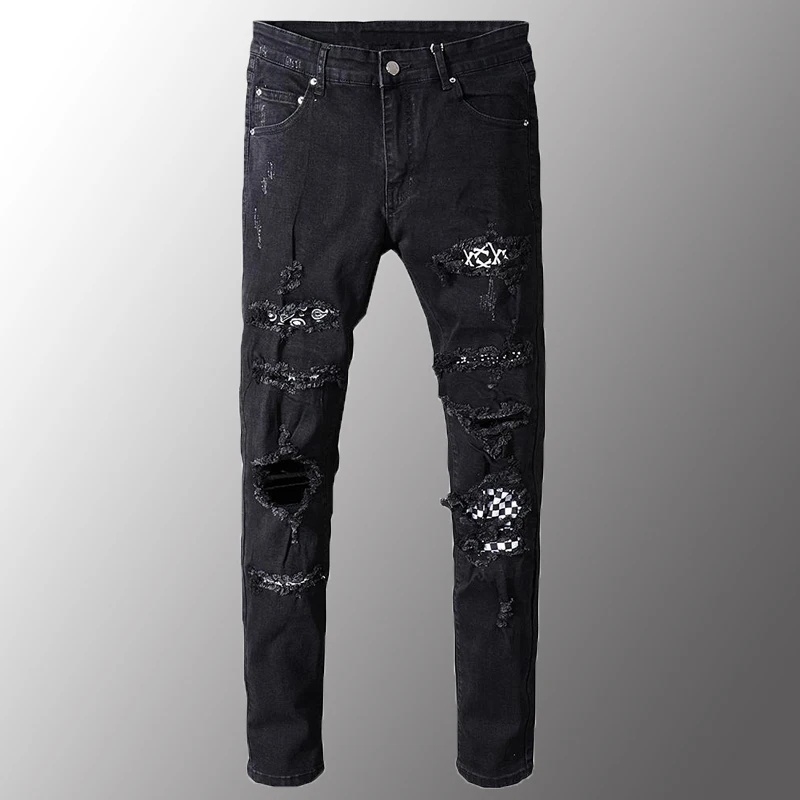 

Мужские черные и белые рваные джинсы с нашивками и дырками, тонкие облегающие потертые Стрейчевые джинсовые брюки, модные мужские джинсы