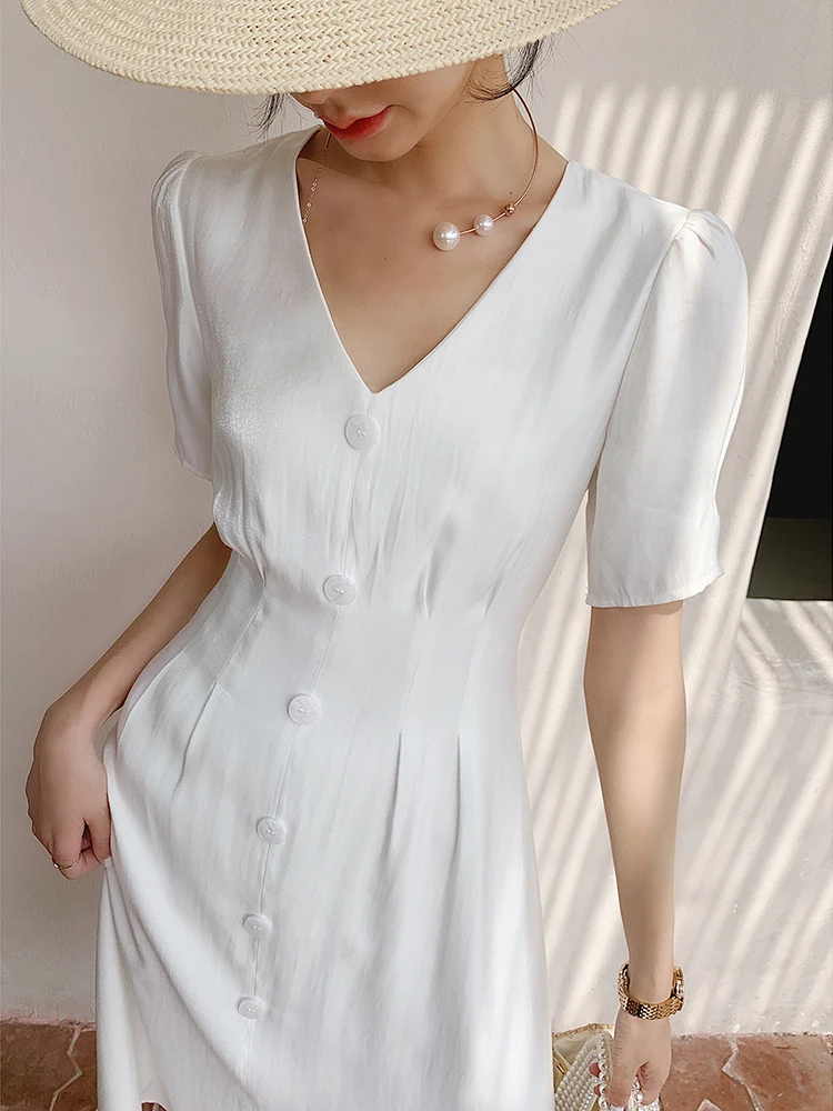 Женское шелковое атласное платье элегантное белое однобортное во французском