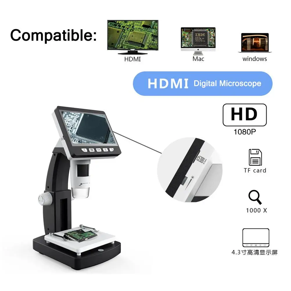

1000X Digital Microscope 4.3 inches HD 1080P Portable Desktop LCD Digital Microscope Adjustable 10 Languages 8 LED Lights