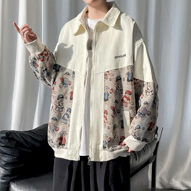

Hong Kong Style Baseball Jacket Tooling Men Contrast Stitch Bear Print Zipper 2021 Spring Autumn Couple Loose Jacket Outerwear