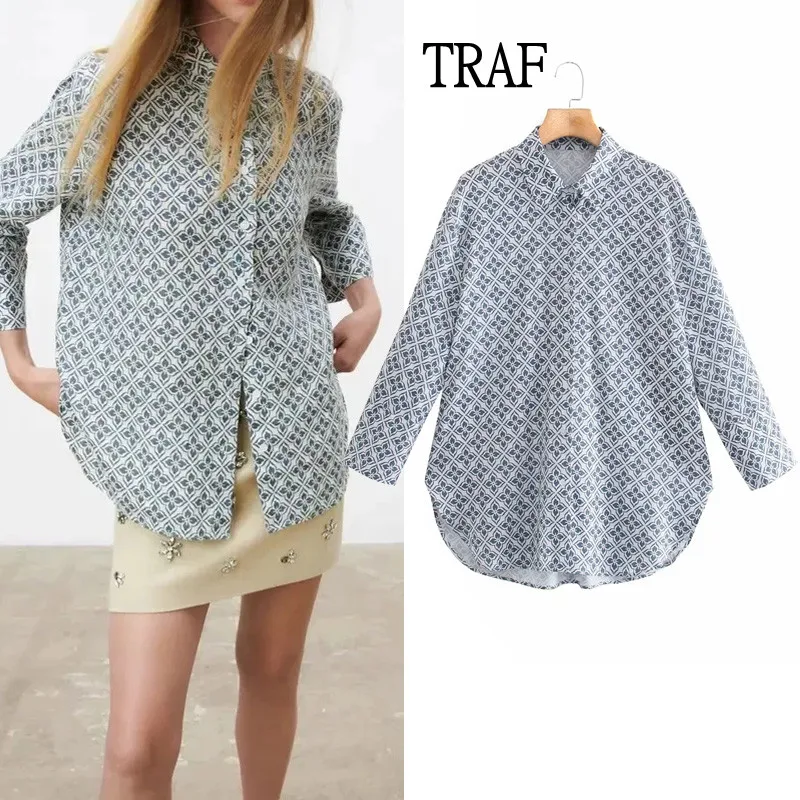 

TRAF Women's Shirts 2021 Autumn Print Long Sleeve Top Women Vintage Loose Bloues Woman Clothing Button Chic Tops Shirts