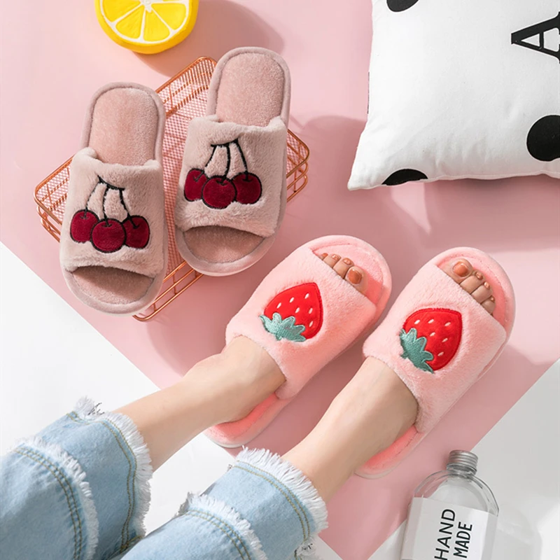 Cute Cartoon Fruit Pattern Home Women Fur Slippers Winter Plush Ladies Flats Shoes Strawberry Pineapple Furry Female | Обувь