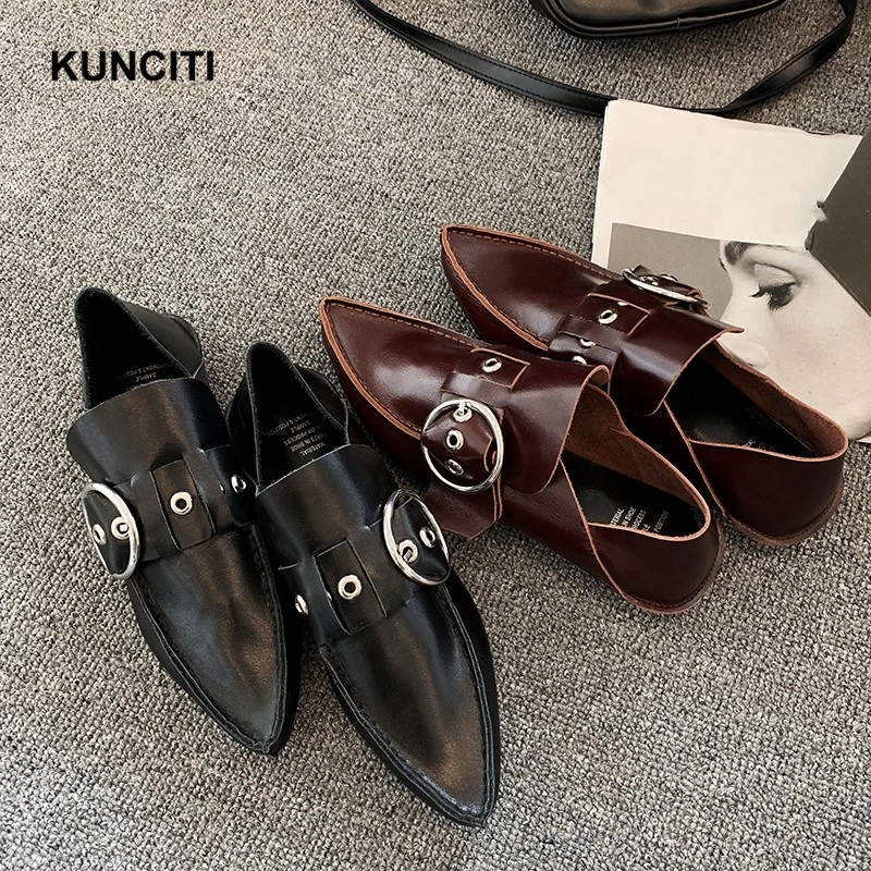 Г., дышащая обувь KUNCITI женская обувь из мягкой натуральной кожи на плоской подошве с пряжкой женские лоферы с шипами в европейском стиле высокого качества, F035