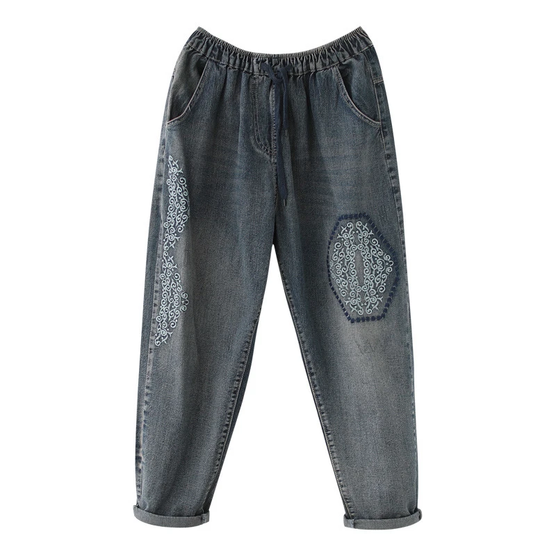 

Denim Harem Pants Women Retro All-Match Trend Hip Hop Streetwear Washing Embroidered Cotton Drawstring Loose Thin Casual Jeans