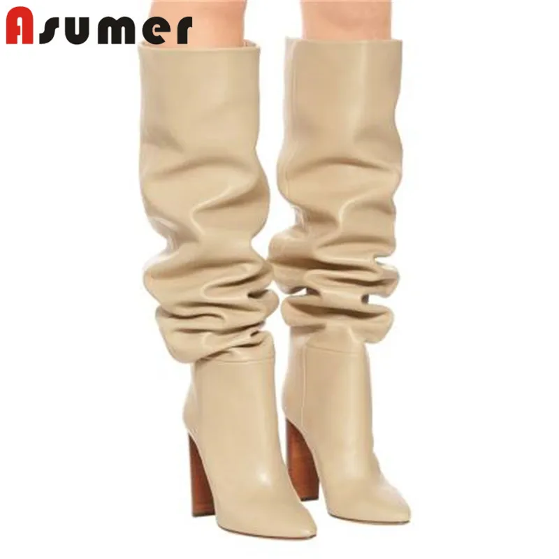 

Женские Плиссированные сапоги до колена ASUMER, черные вечерние сапоги на высоком каблуке, с острым носком, в европейском стиле, Осень-зима 2021