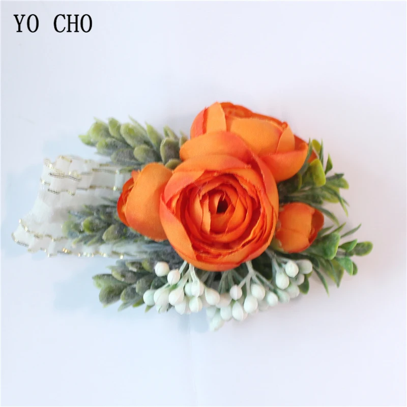 wrist corsage-B YO CHO искусственный шелк Sasanqua цветок бутоньерка для жениха корсаж Свадебный браслет на запястье Розовый Оранжевый Свадебные принадлежности - Цвет: wrist corsage-B