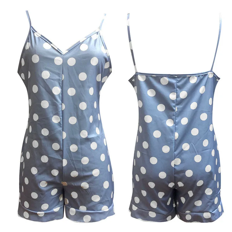 

Women Fashion Polka Dots Print Romper Jumpsuits Casual Beach Ruffles Sleeveless Sling V Neck Backless Playsuit Shorts Outfits