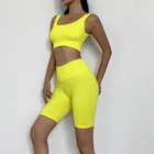 Женский комплект для йоги, желтого цвета, из 2 предметов, бесшовный спортивный костюм в рубчик, бюстгальтер для бега, шорты с высокой талией, одежда для тренировок