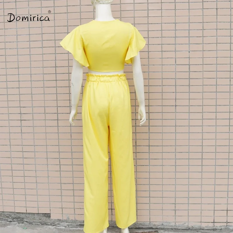 

Yellow Trouser Suit Female Summer V-neck Flared Sleeve Lace-up Short Top Loose Casual Trousers Female Two-piece Trousers