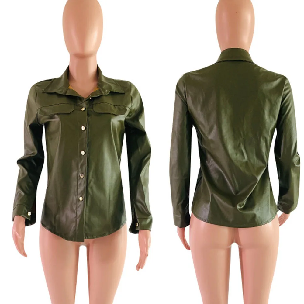 Autumn Winter PU Leather Shirts for Women Causal Turn-down Collar Blouse Shirt Streetwear Single-breasted Chic Pocket Shirt Tops