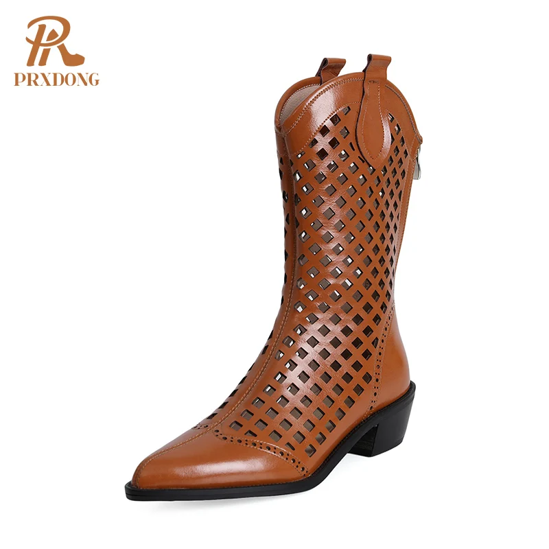 

Женские ботинки до середины икры, черные или коричневые вечерние ботинки с вырезами, с острым носком, на толстом среднем каблуке, весна-лето ...