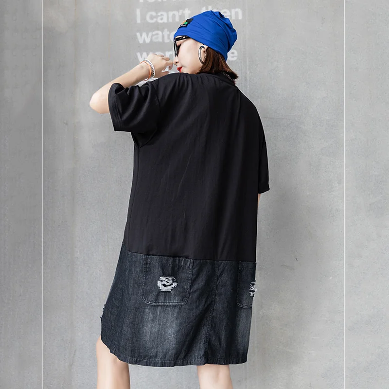 

Matching Loose Short Sleeve Long T-shirt 2021 Summer Cartoon Style Knitted T Shirts Patchwork Tops Printed Letter Color Tees
